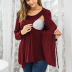 Lace-Up Faux Two-Piece Long-Sleeve Nursing Top