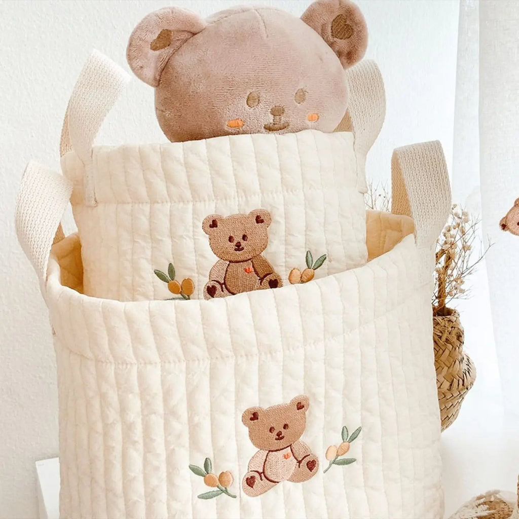 Quilted Bear Embroidered Nursery Caddy Basket – nursery essentials