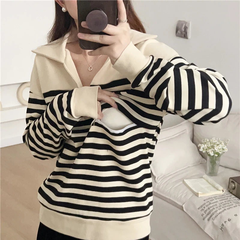 Striped Collared Long-Sleeve Nursing Top – postpartum top
