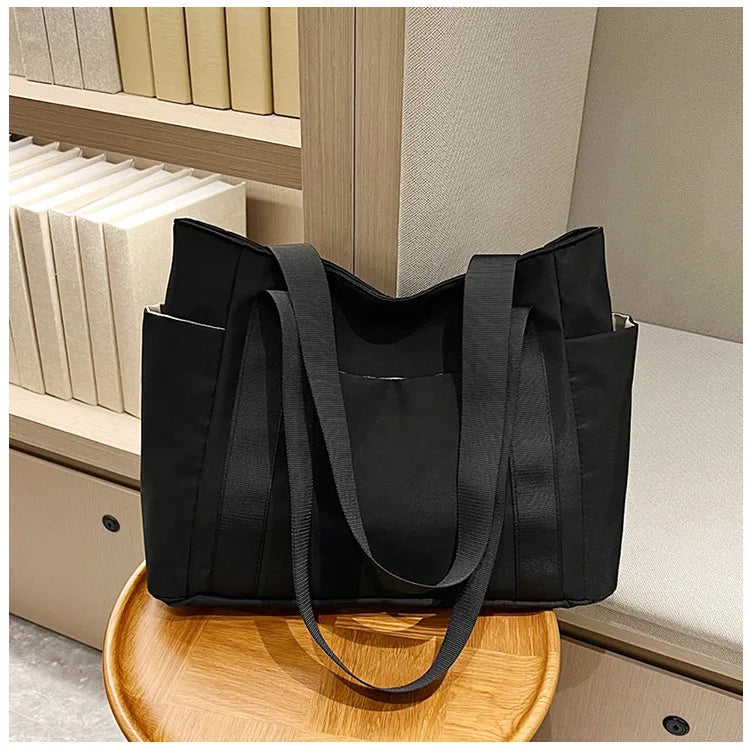 Canvas Shoulder Tote with Pockets