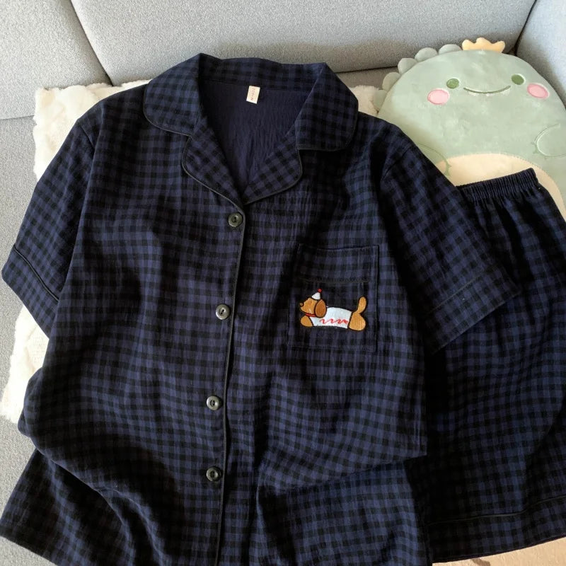 Embroidered Plaid Short Pajama Set