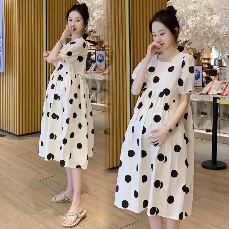 Polka Dot Short-Sleeve Maternity Dress in Beige Polka Dot – maternity clothes