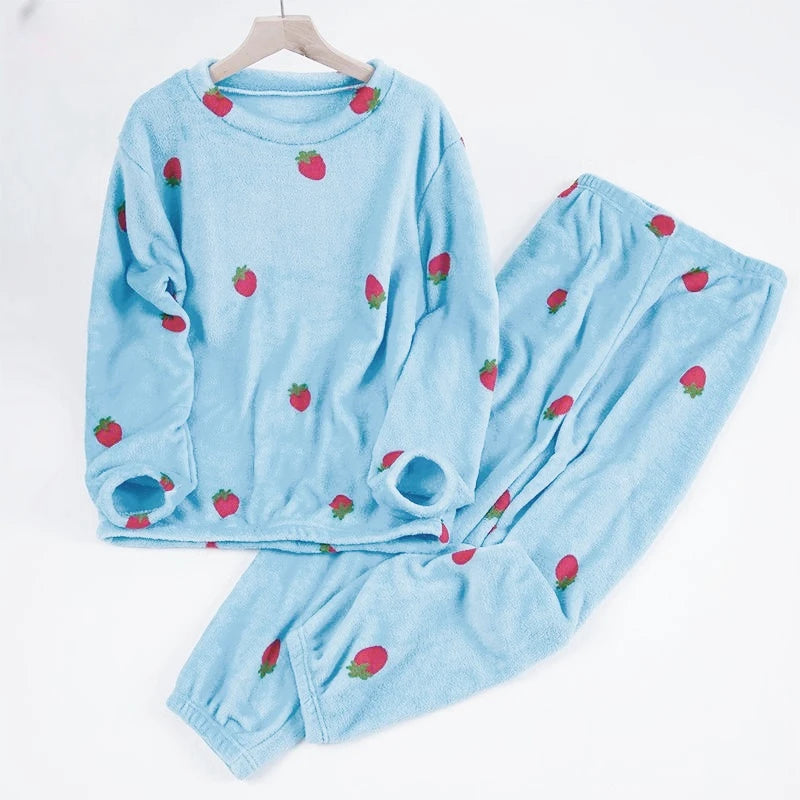 Cartoon Print Flannel Pajama Set