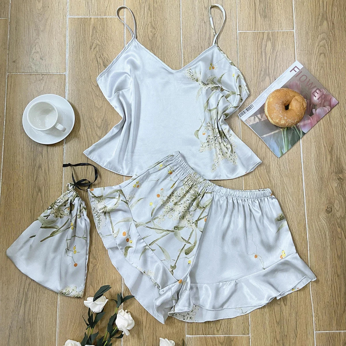 Satin Cami & Ruffle Shorts Pajama Set
