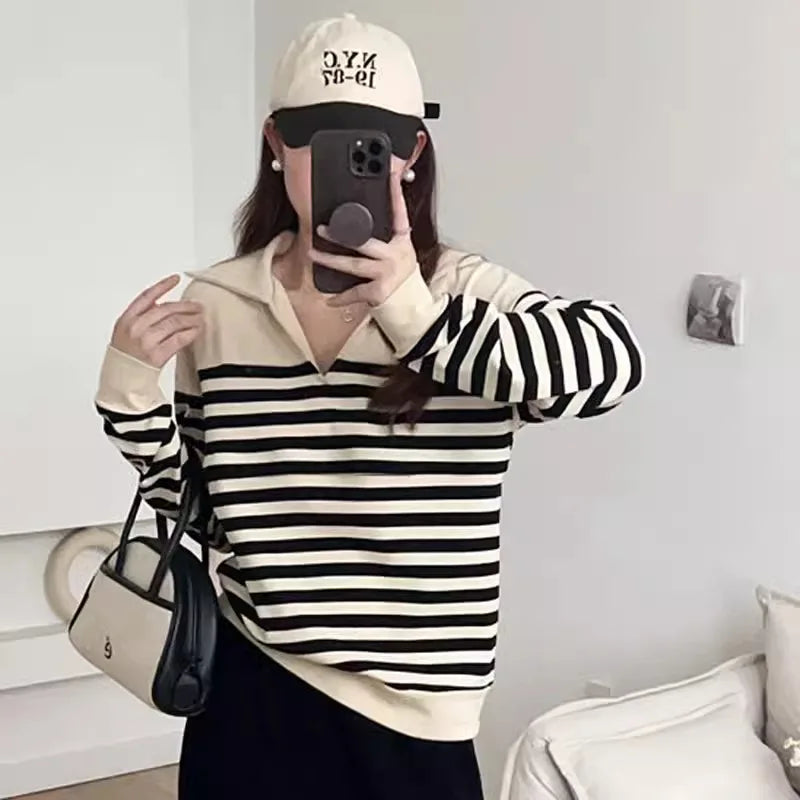 Striped Collared Long-Sleeve Nursing Top