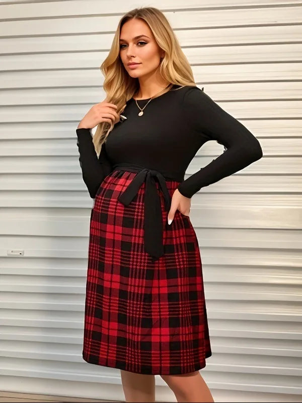 Plaid-Skirt Long-Sleeve Maternity & Nursing Dress