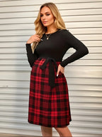 Plaid-Skirt Long-Sleeve Maternity & Nursing Dress