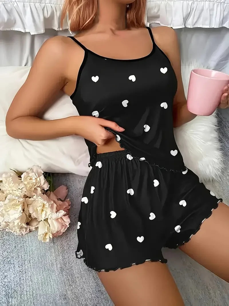 Heart Print Cami & Shorts Pajama Set in Black Heart – women's sleepwear