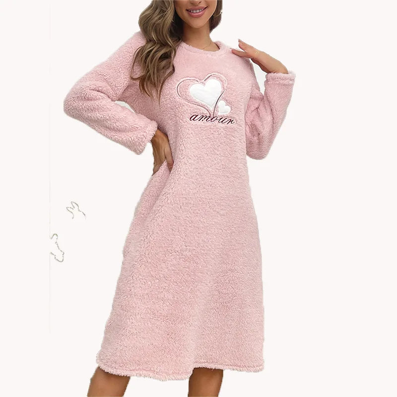 Heart Print Fuzzy Fleece Nightgown