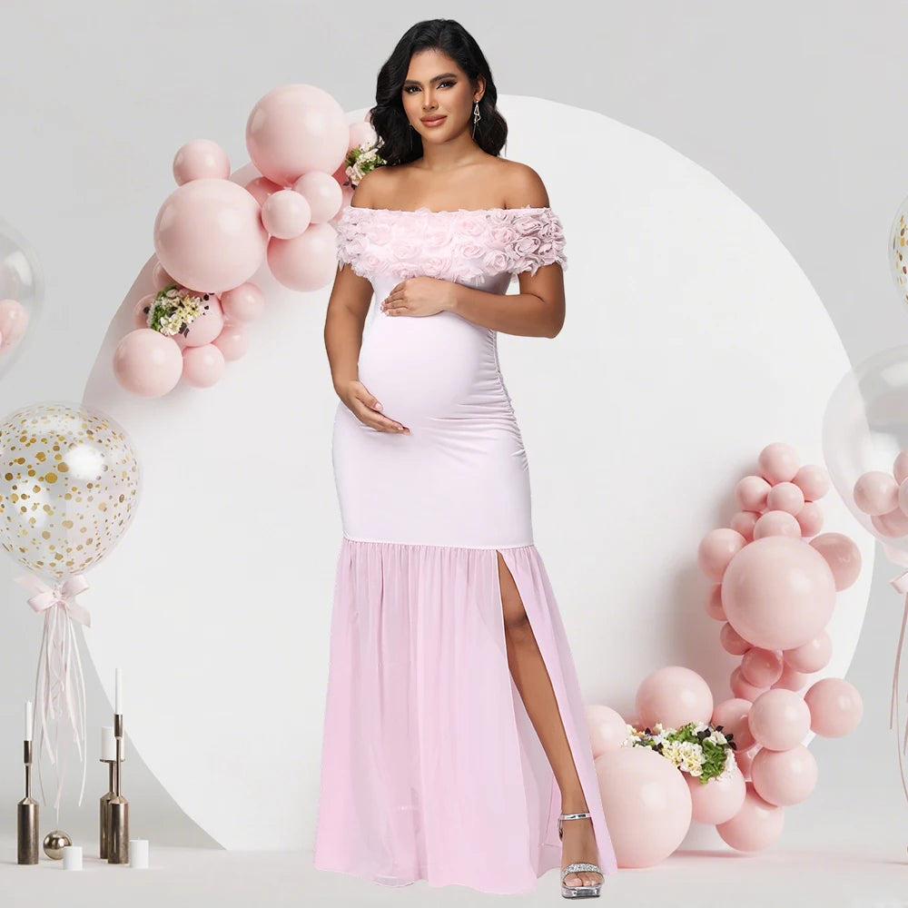 Off-Shoulder Floral Chiffon Maternity Gown – baby shower dress