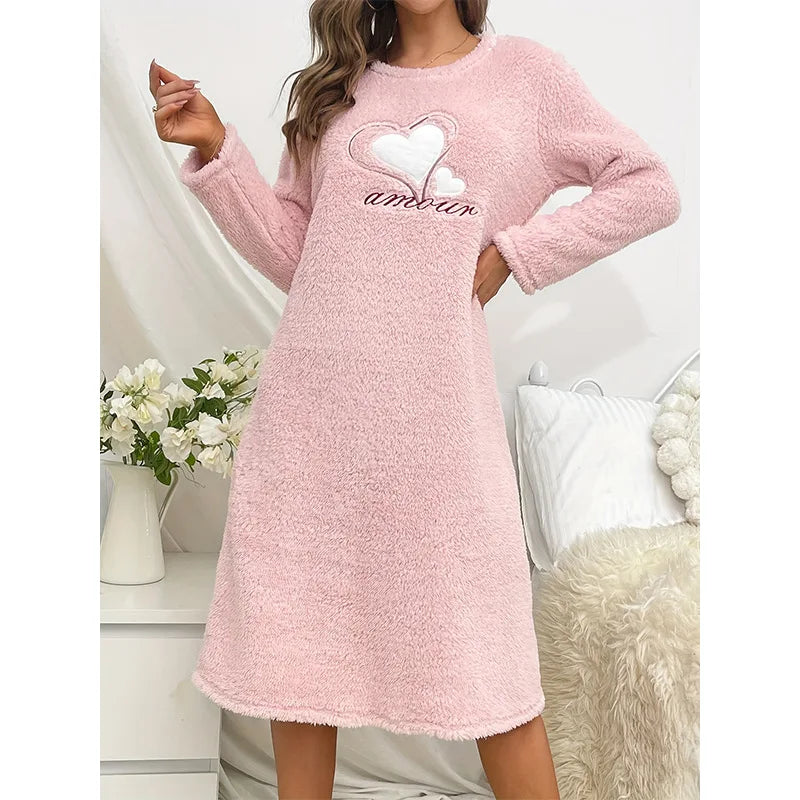 Heart Print Fuzzy Fleece Nightgown
