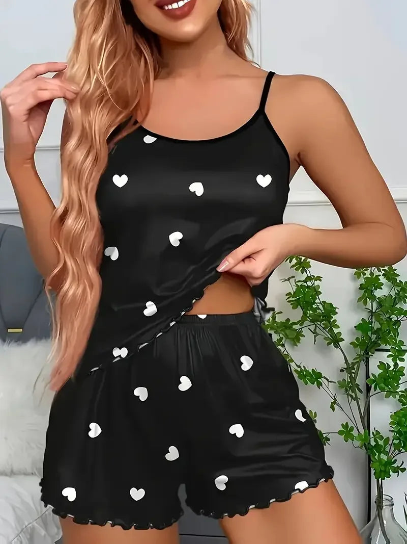 Heart Print Cami & Shorts Pajama Set – pajamas for women
