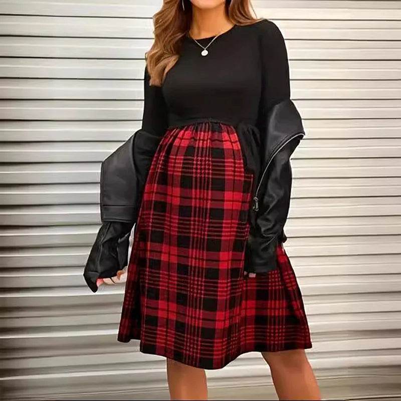 Plaid-Skirt Long-Sleeve Maternity & Nursing Dress