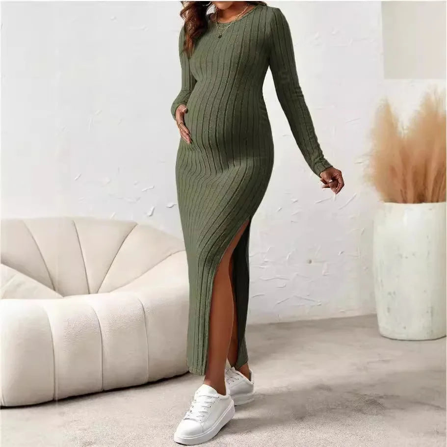 Long Sleeve Side-Split Knit Maternity Dress