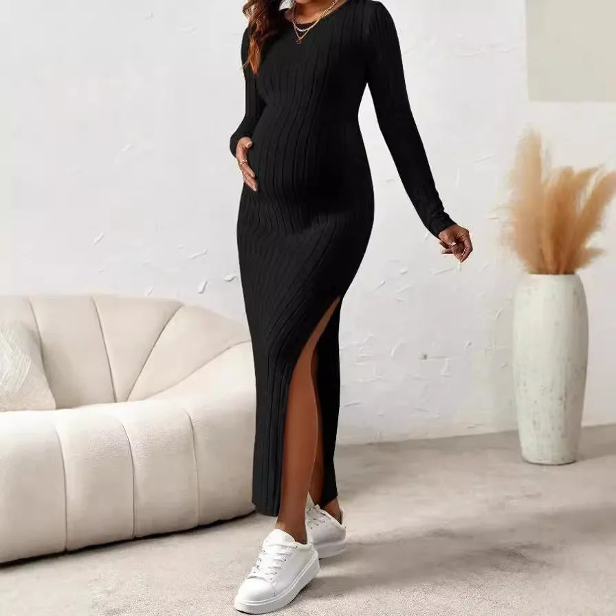 Long Sleeve Side-Split Knit Maternity Dress