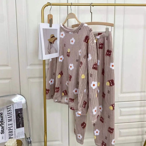 Cartoon Print Flannel Pajama Set in Khaki Bear Floral – women's sleepwear