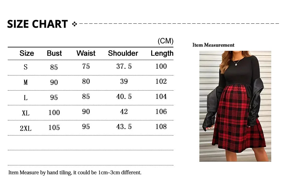 Plaid-Skirt Long-Sleeve Maternity & Nursing Dress