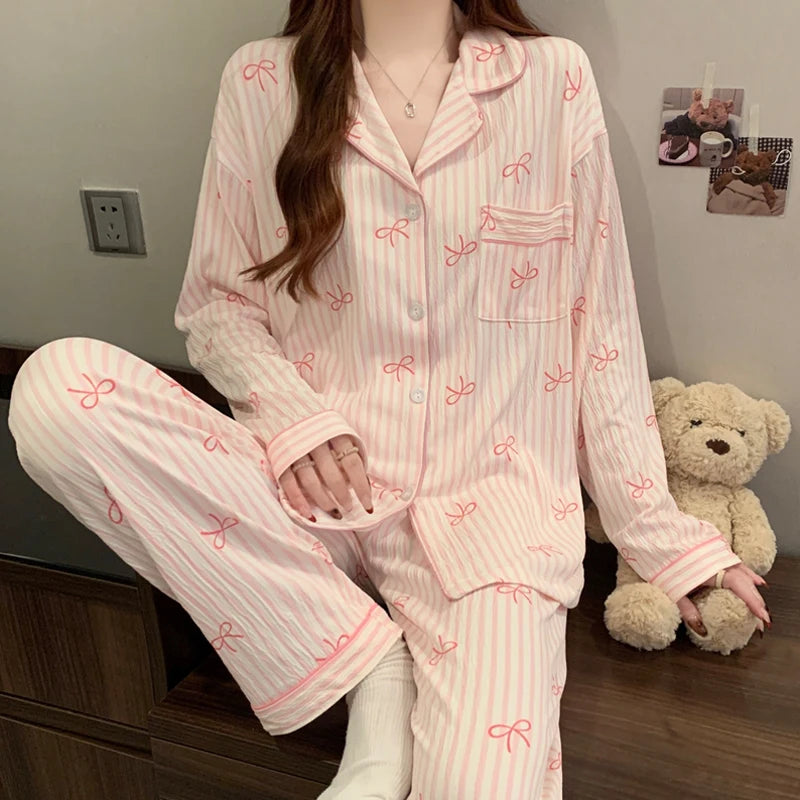 Bow-Tie Long-Sleeve Pajama Set