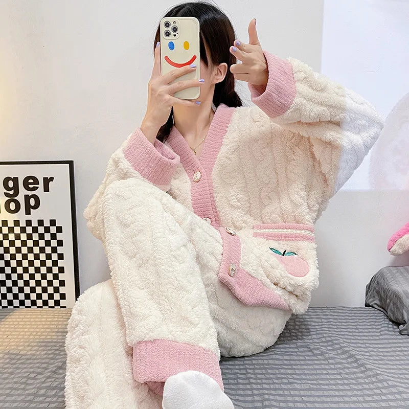 Coral Velvet Cardigan Pajama Set