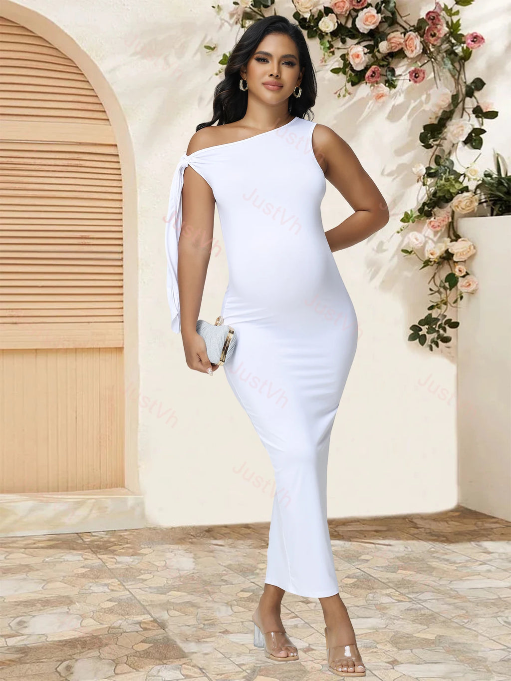 Asymmetric Tie-Neck Bodycon Maternity Evening Dress