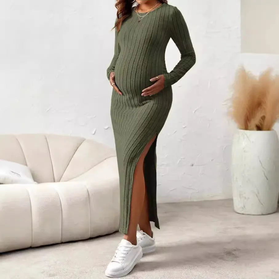 Long Sleeve Side-Split Knit Maternity Dress