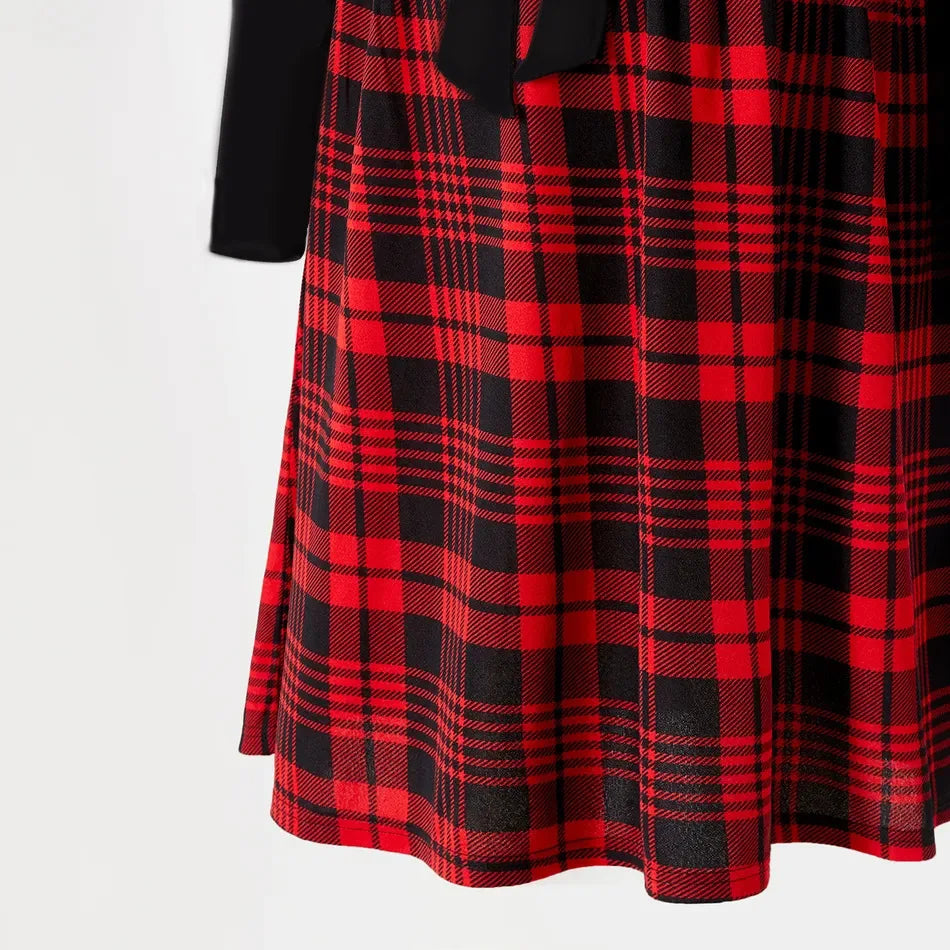 Plaid-Skirt Long-Sleeve Maternity & Nursing Dress