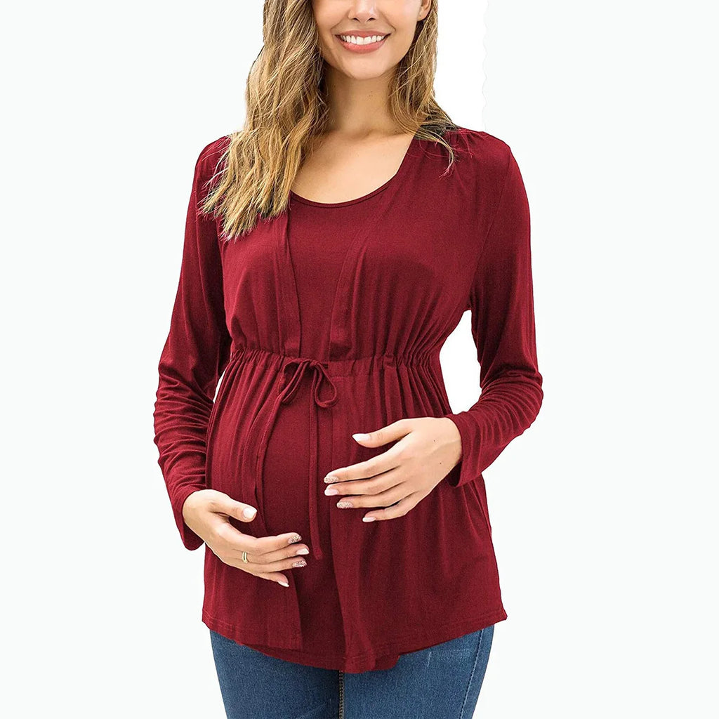 Lace-Up Faux Two-Piece Long-Sleeve Nursing Top