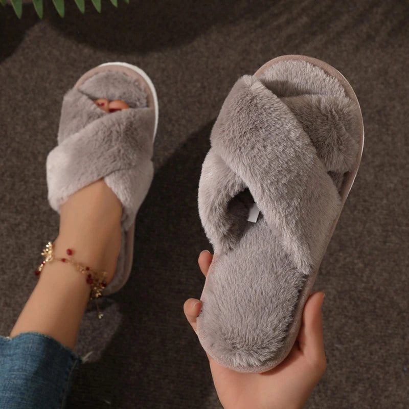 Fluffy Cross-Band Open-Toe Slippers