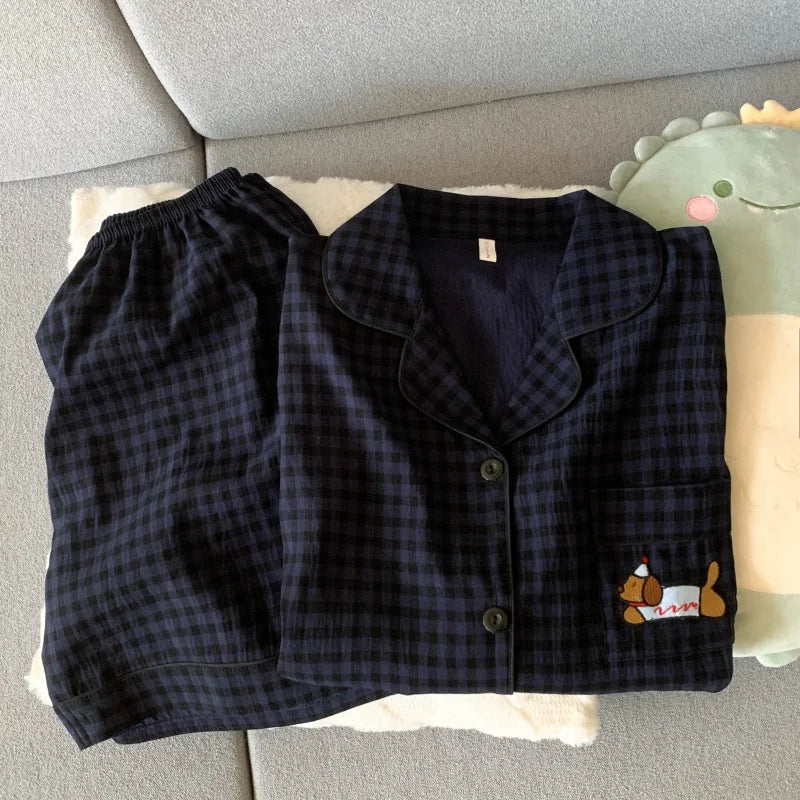 Embroidered Plaid Short Pajama Set