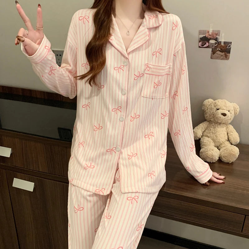 Bow-Tie Long-Sleeve Pajama Set