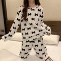 Cartoon Print Flannel Pajama Set in White Bow – women's sleepwear