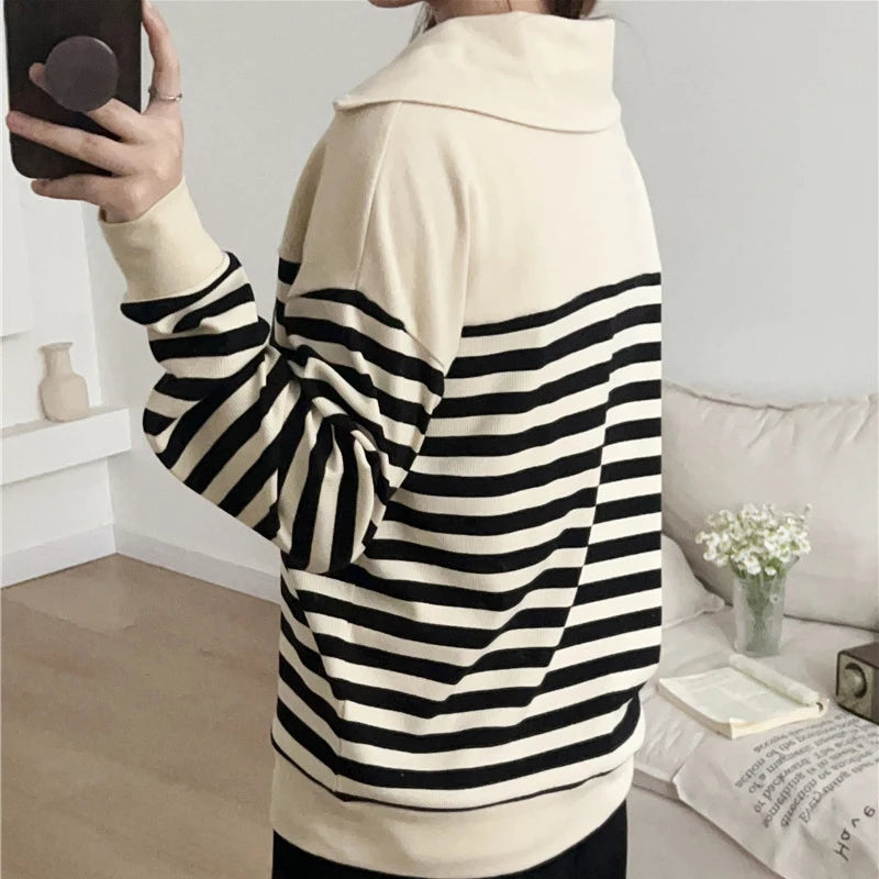 Striped Collared Long-Sleeve Nursing Top