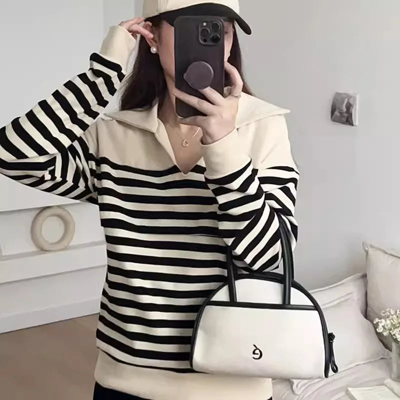 Striped Collared Long-Sleeve Nursing Top