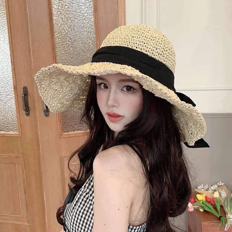Wide Brim Straw Sun Hat with Bow in Beige – wide brim hat