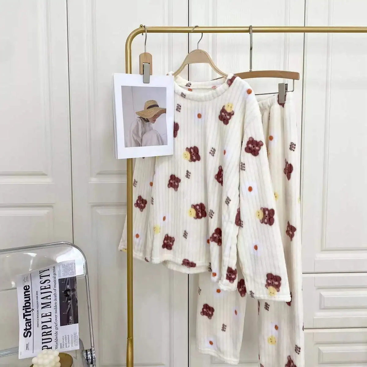 Cartoon Print Flannel Pajama Set