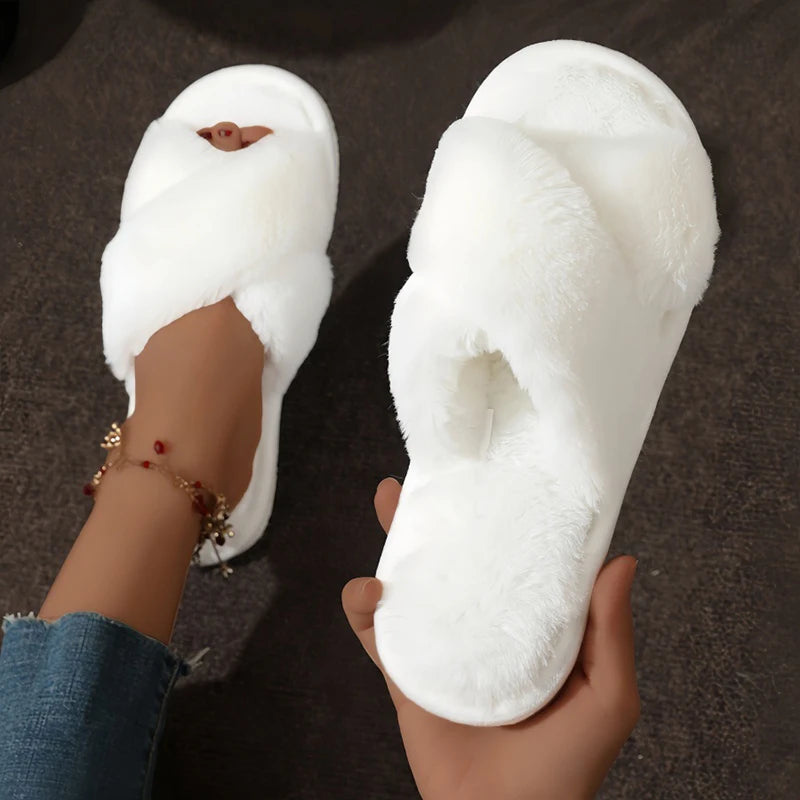 Fluffy Cross-Band Open-Toe Slippers