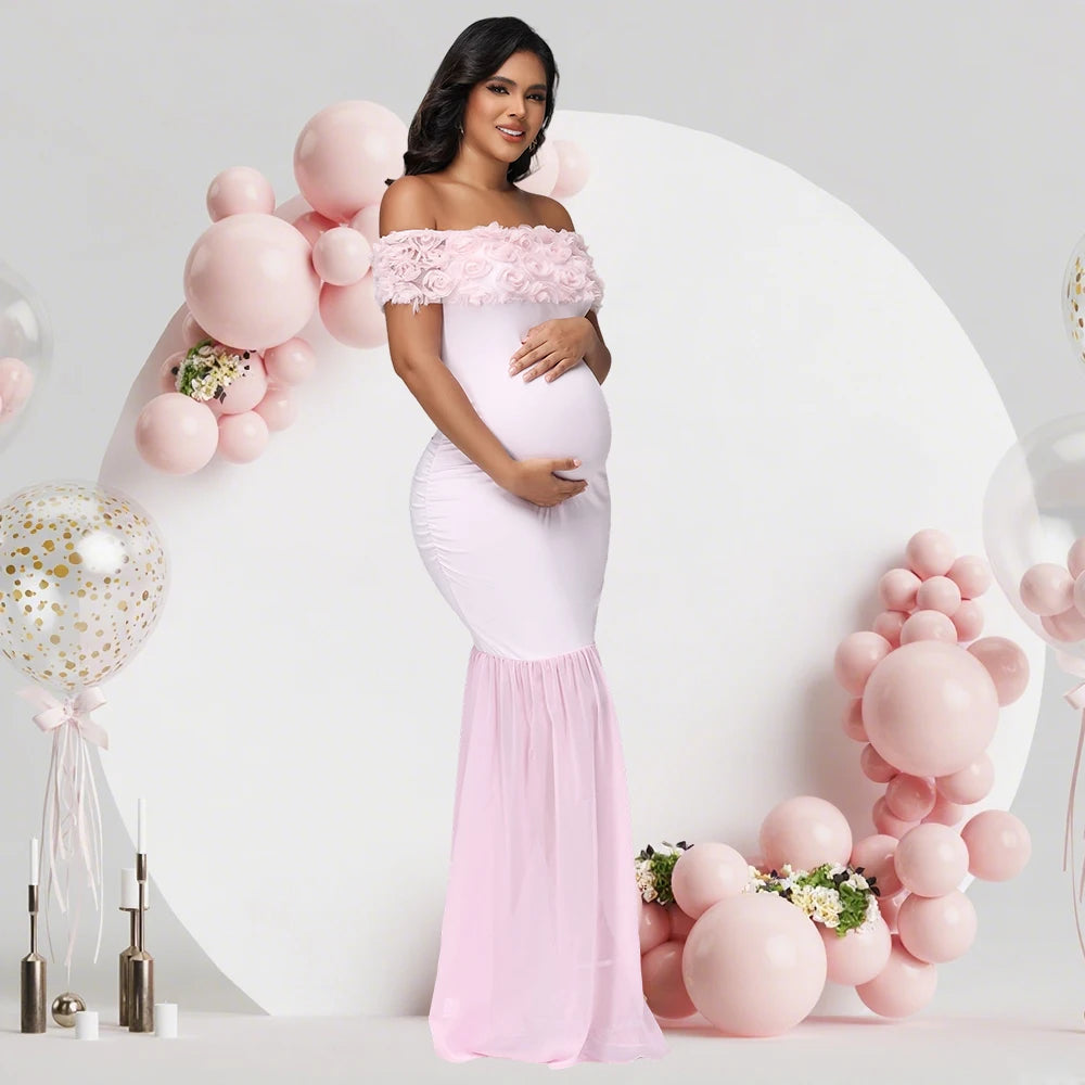 Off-Shoulder Floral Chiffon Maternity Gown – maternity photoshoot dress