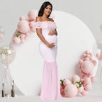 Off-Shoulder Floral Chiffon Maternity Gown – maternity photoshoot dress