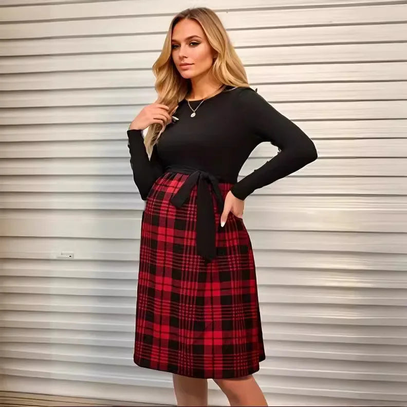 Plaid-Skirt Long-Sleeve Maternity & Nursing Dress