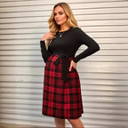 Plaid-Skirt Long-Sleeve Maternity & Nursing Dress