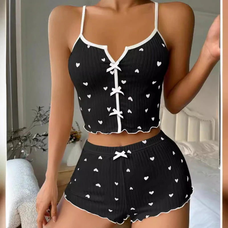 Heart Ribbed Frill Cami Short Set