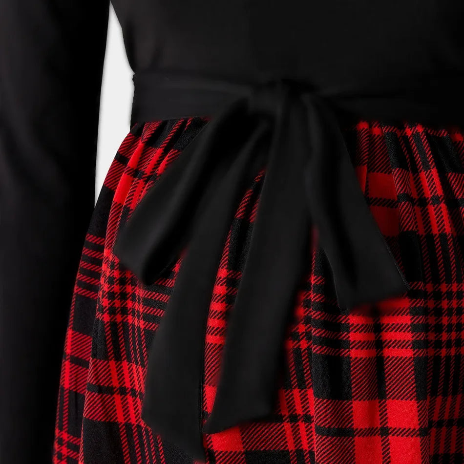 Plaid-Skirt Long-Sleeve Maternity & Nursing Dress