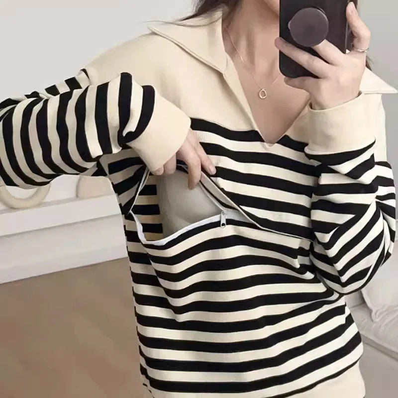 Striped Collared Long-Sleeve Nursing Top in Black Stripe – breastfeeding top