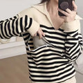 Striped Collared Long-Sleeve Nursing Top in Black Stripe – breastfeeding top