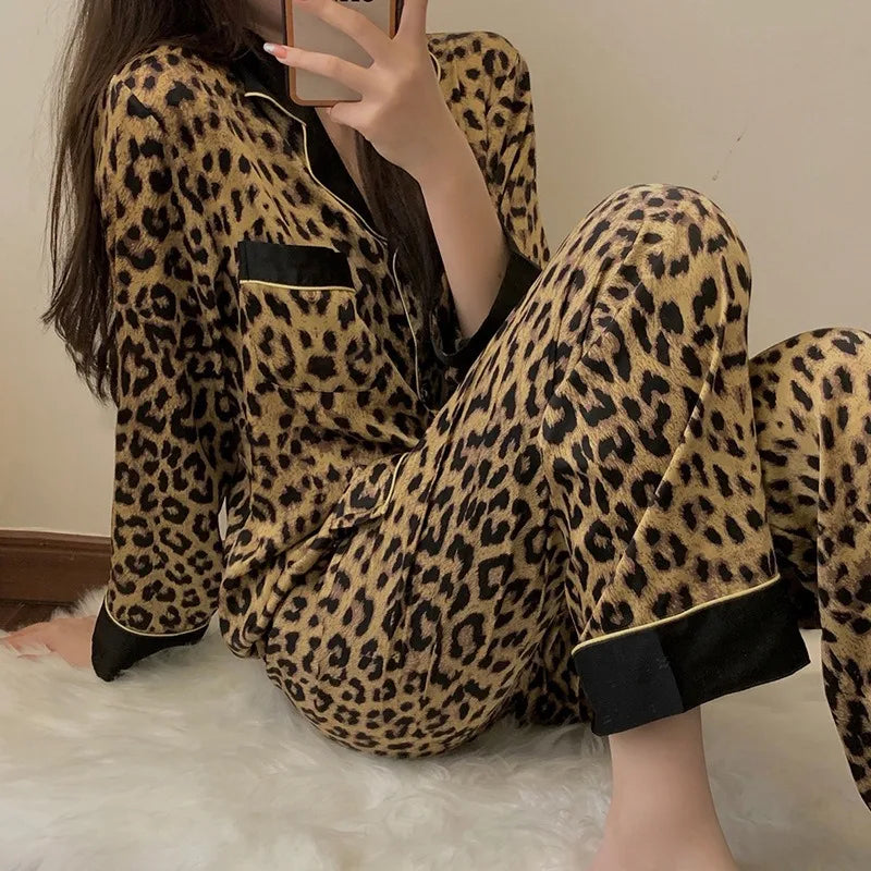 Leopard Print Long-Sleeve Pajama Set – women's sleepwear