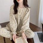 Plus-Size Floral Bow-Collar Long-Sleeve Pajama Set