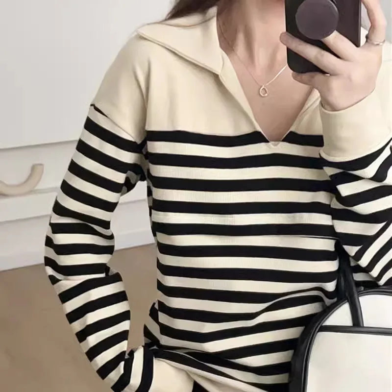 Striped Collared Long-Sleeve Nursing Top