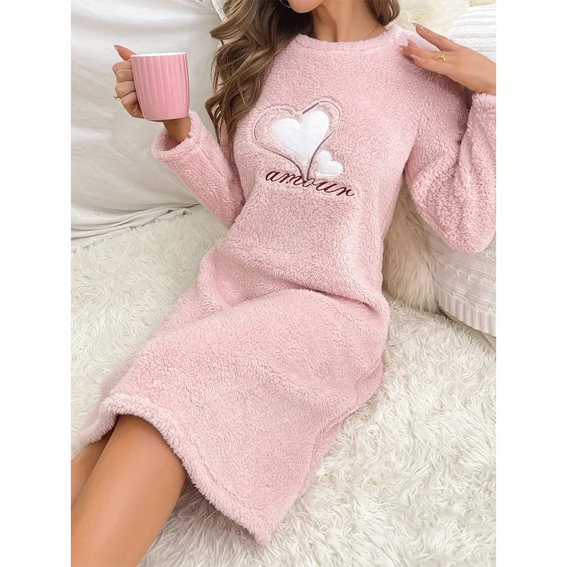 Heart Print Fuzzy Fleece Nightgown