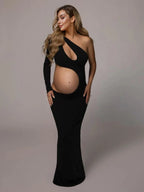 One-Shoulder Cut-Out Maternity Photoshoot Gown in Black – maternity photoshoot dress