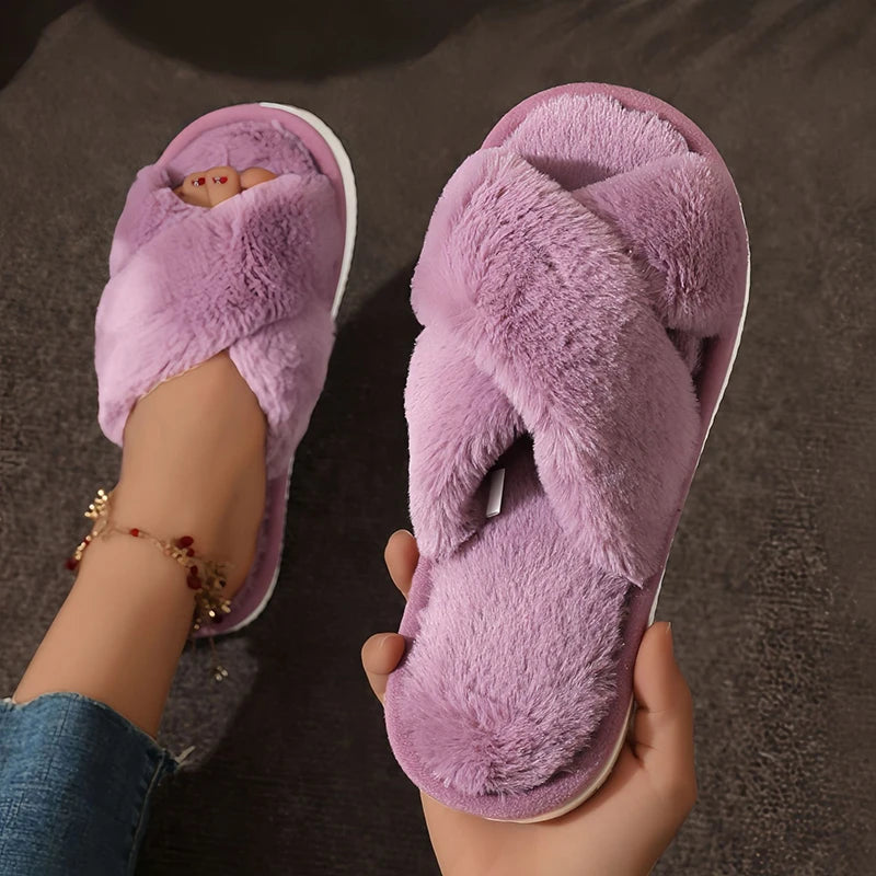 Fluffy Cross-Band Open-Toe Slippers